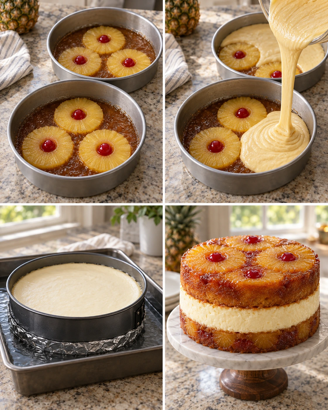 Four chronological preparation stages for Pineapple Upside-Down Cheesecake Recipe