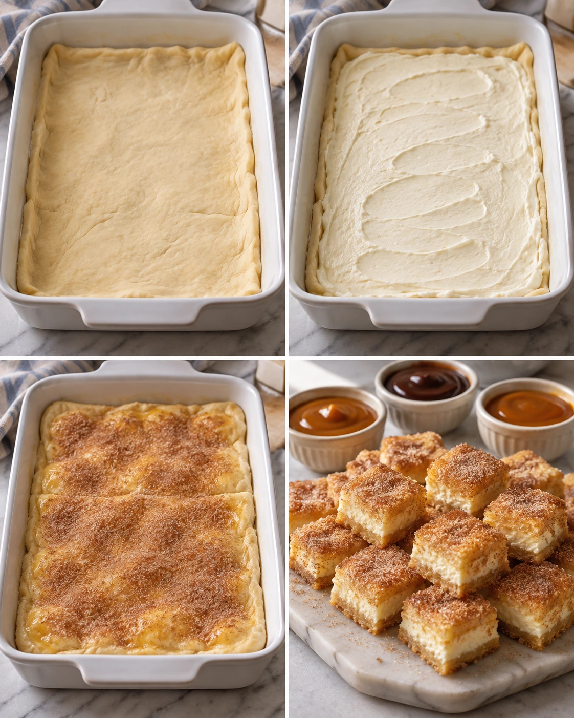 Four chronological preparation stages for Churro Cheesecake Bites