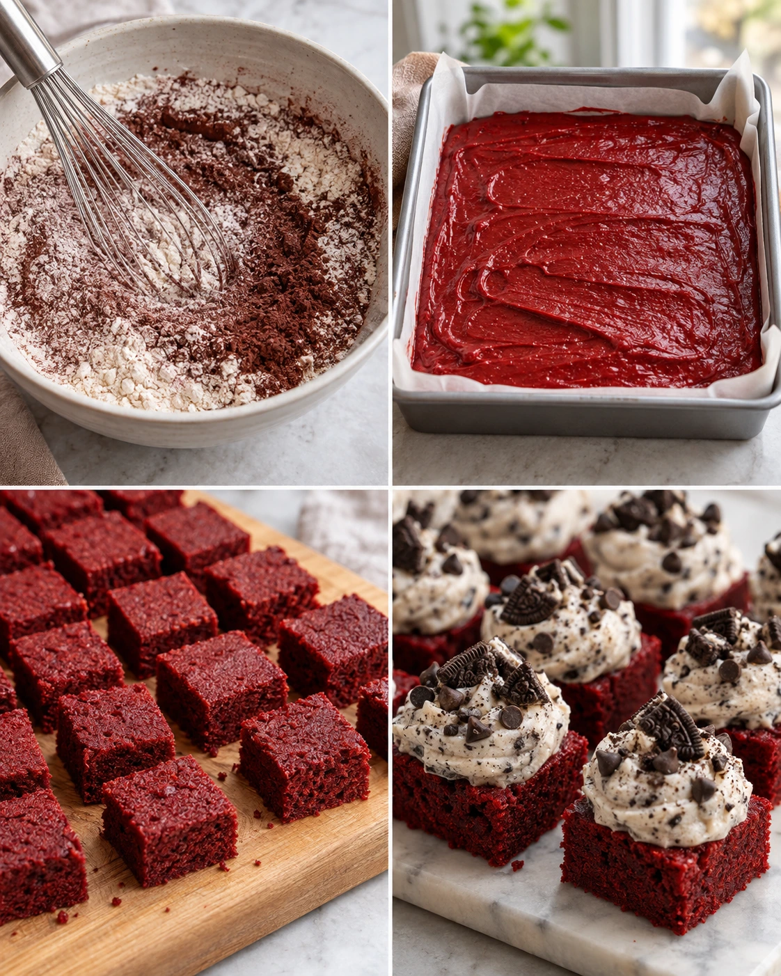 Four chronological preparation stages for Cookies & Cream Red Velvet Bites