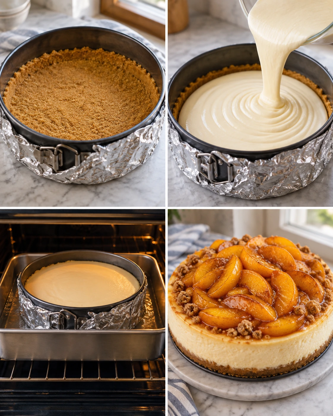 Four chronological preparation stages for Peach Cobbler Cheesecake Recipe