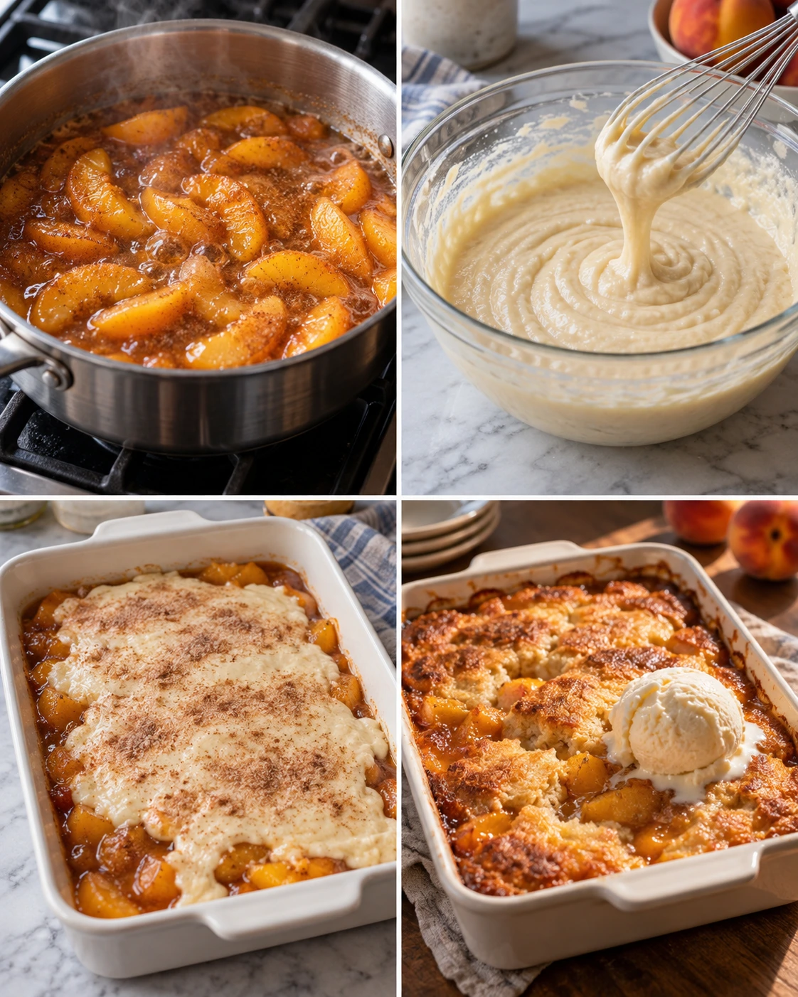 Four chronological preparation stages for Southern Peach Cobbler