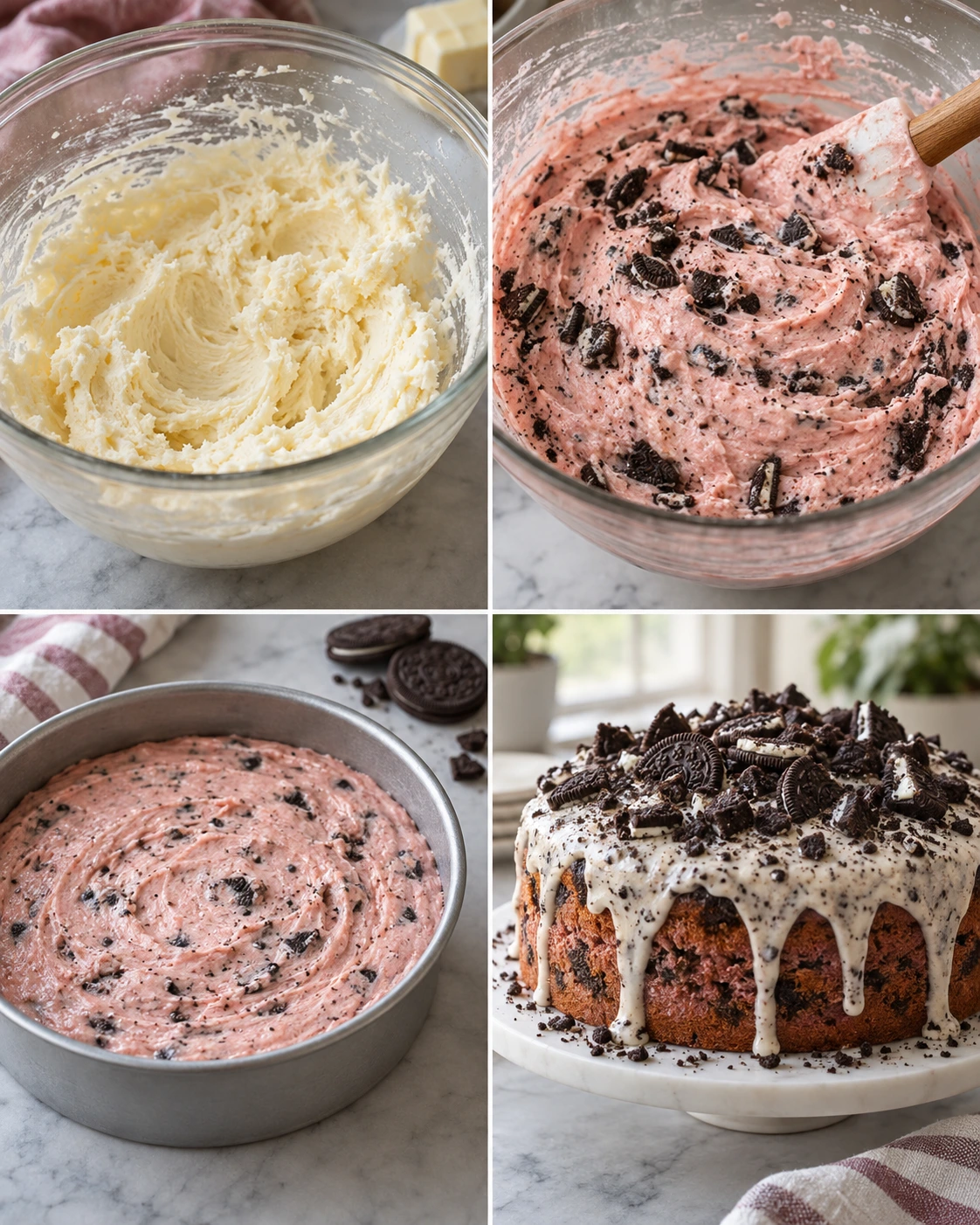 Four chronological preparation stages for Strawberry Oreo Cake