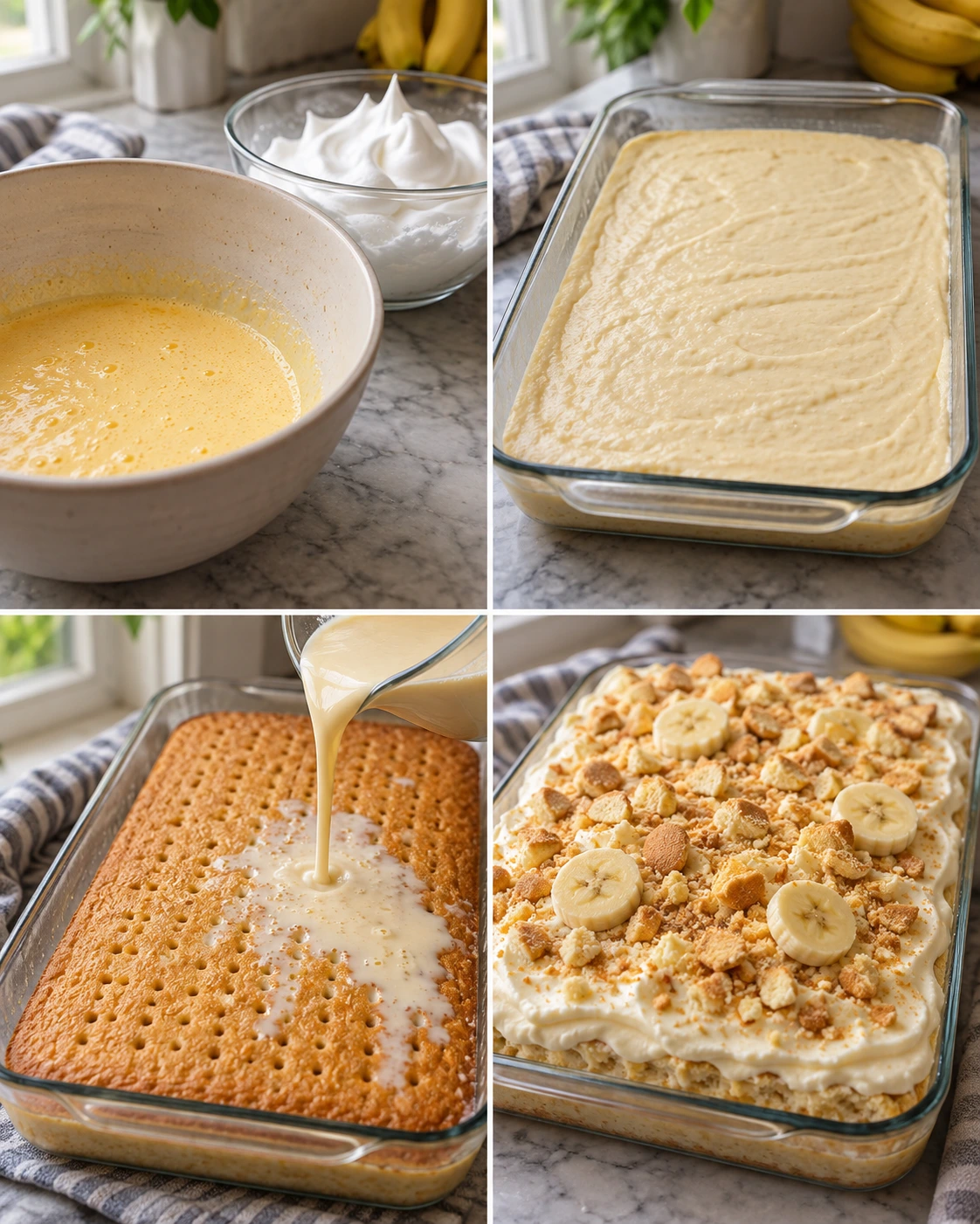 Four chronological preparation stages for Banana Pudding Tres Leches Cake