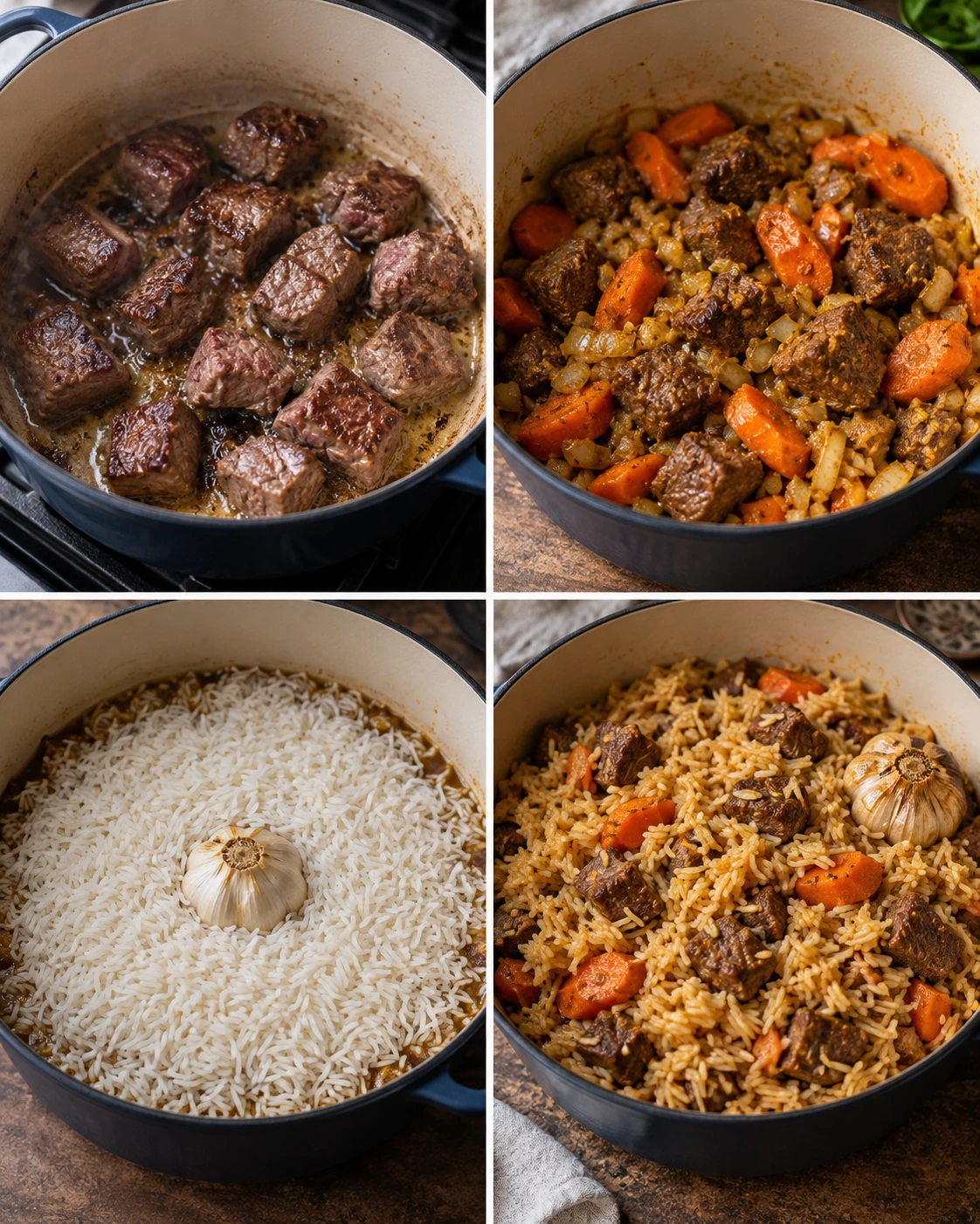 Four chronological preparation stages for Beef Rice Plov