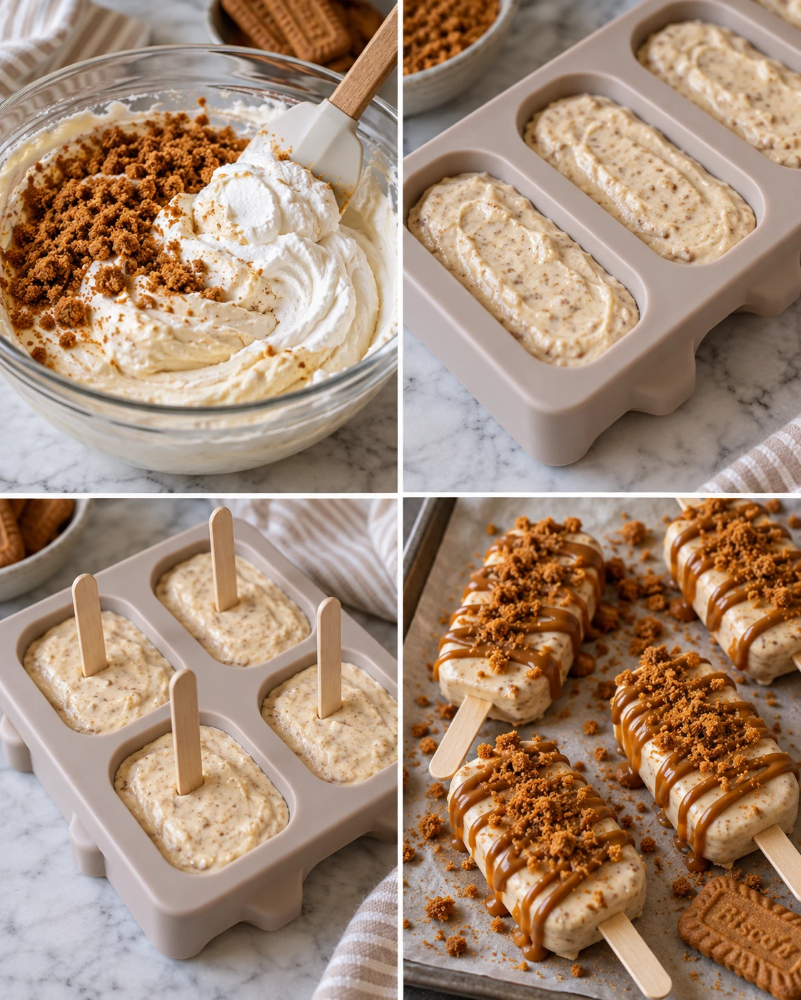 Four chronological preparation stages for Biscoff Cookie Butter Cheesecake Pops