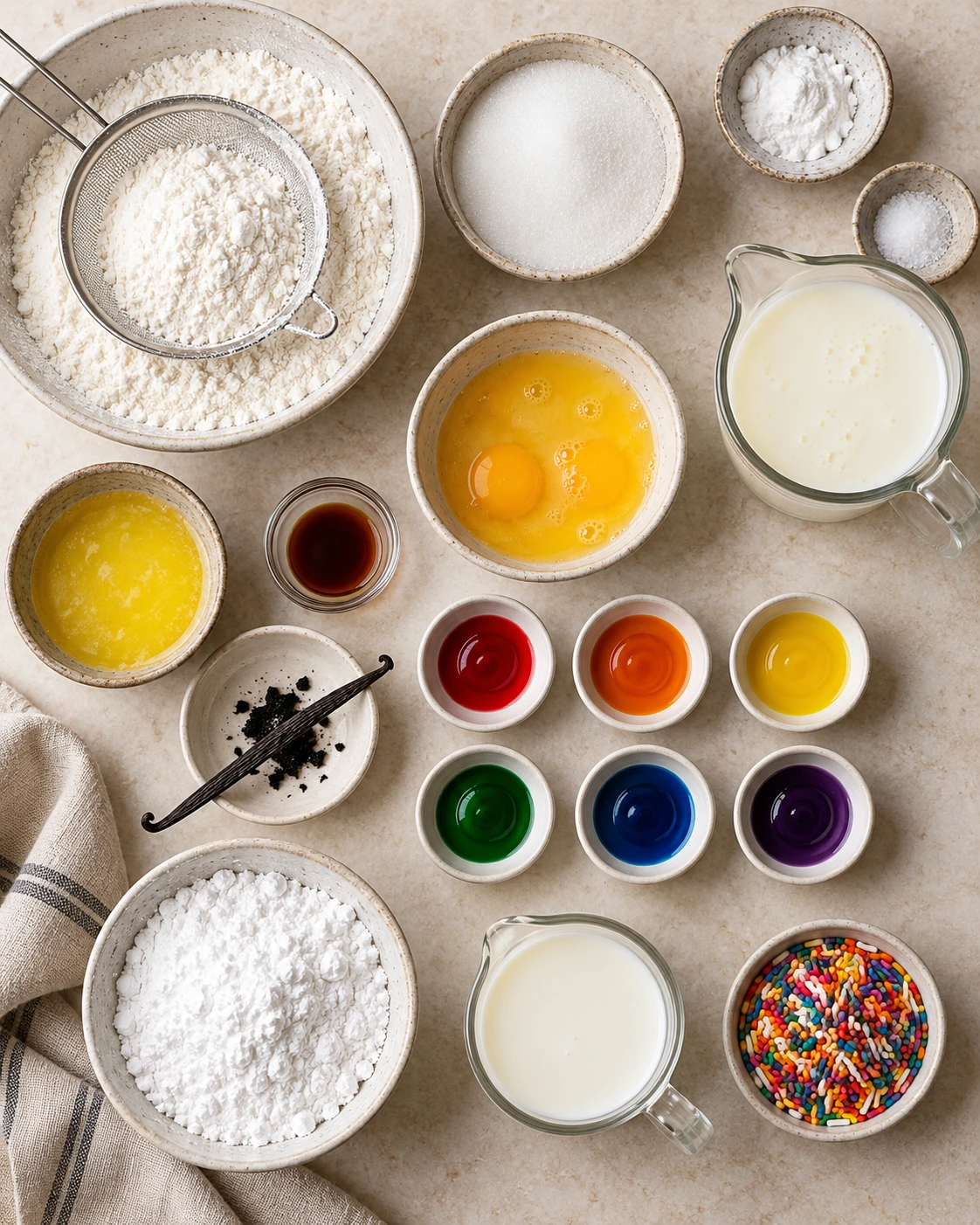 Exact measured ingredients for Mini Rainbow Vanilla Bean Donuts