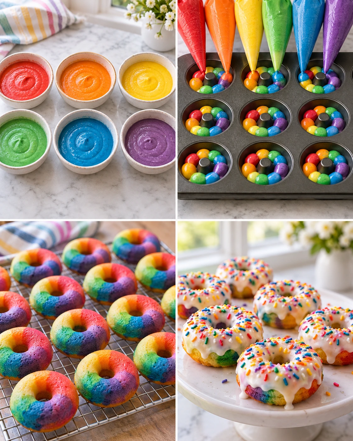 Four chronological preparation stages for Mini Rainbow Vanilla Bean Donuts