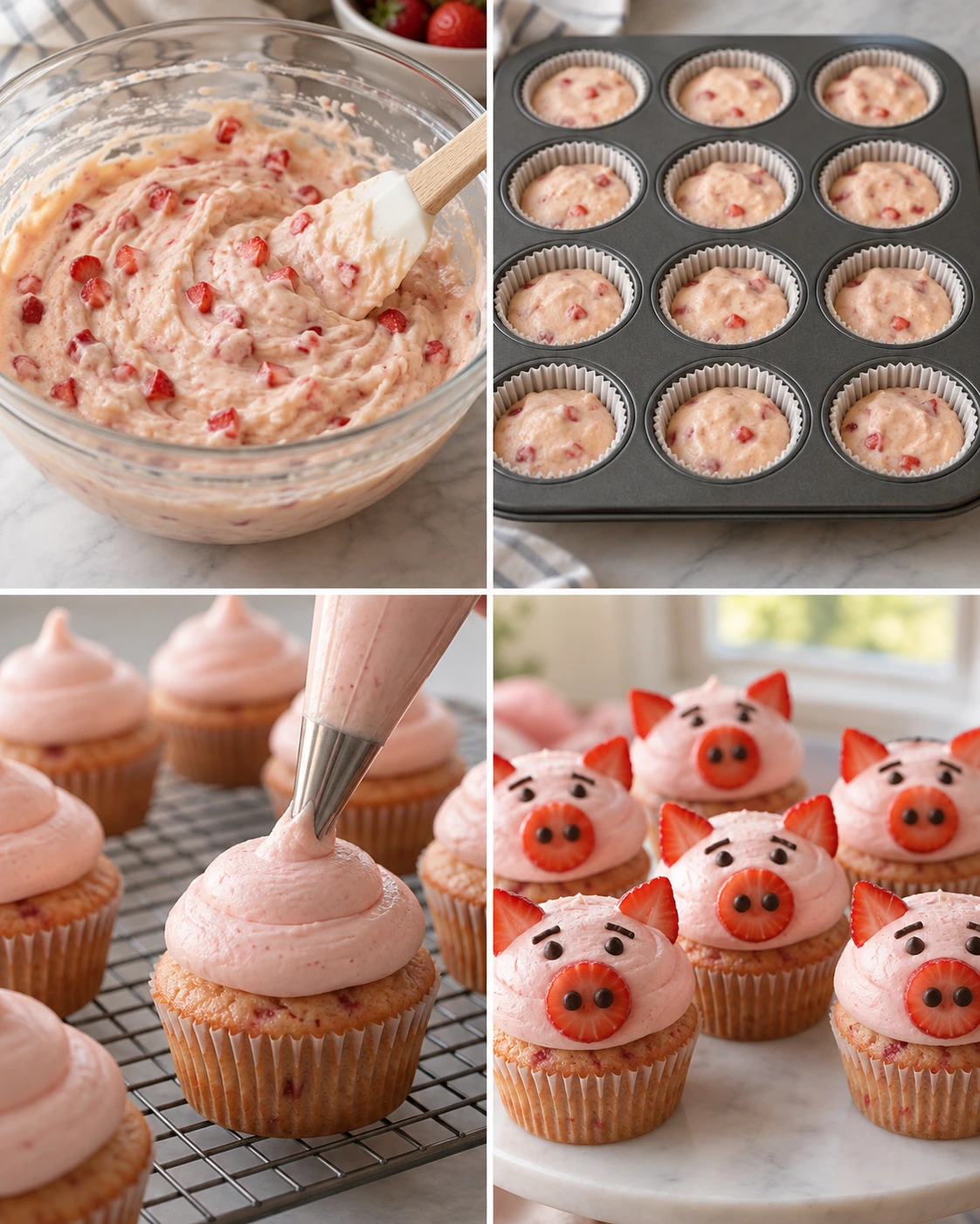 Four chronological preparation stages for Strawberry Piggy Cupcakes