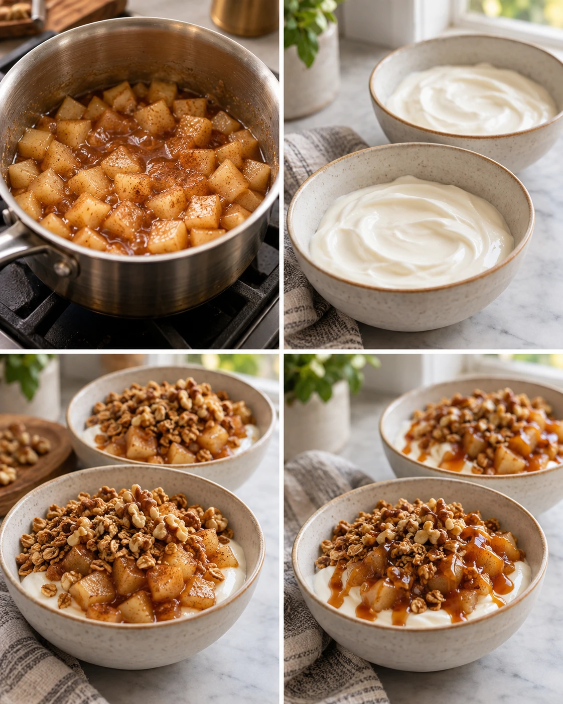 Four chronological preparation stages for Caramel Apple Pie Yogurt Bowl