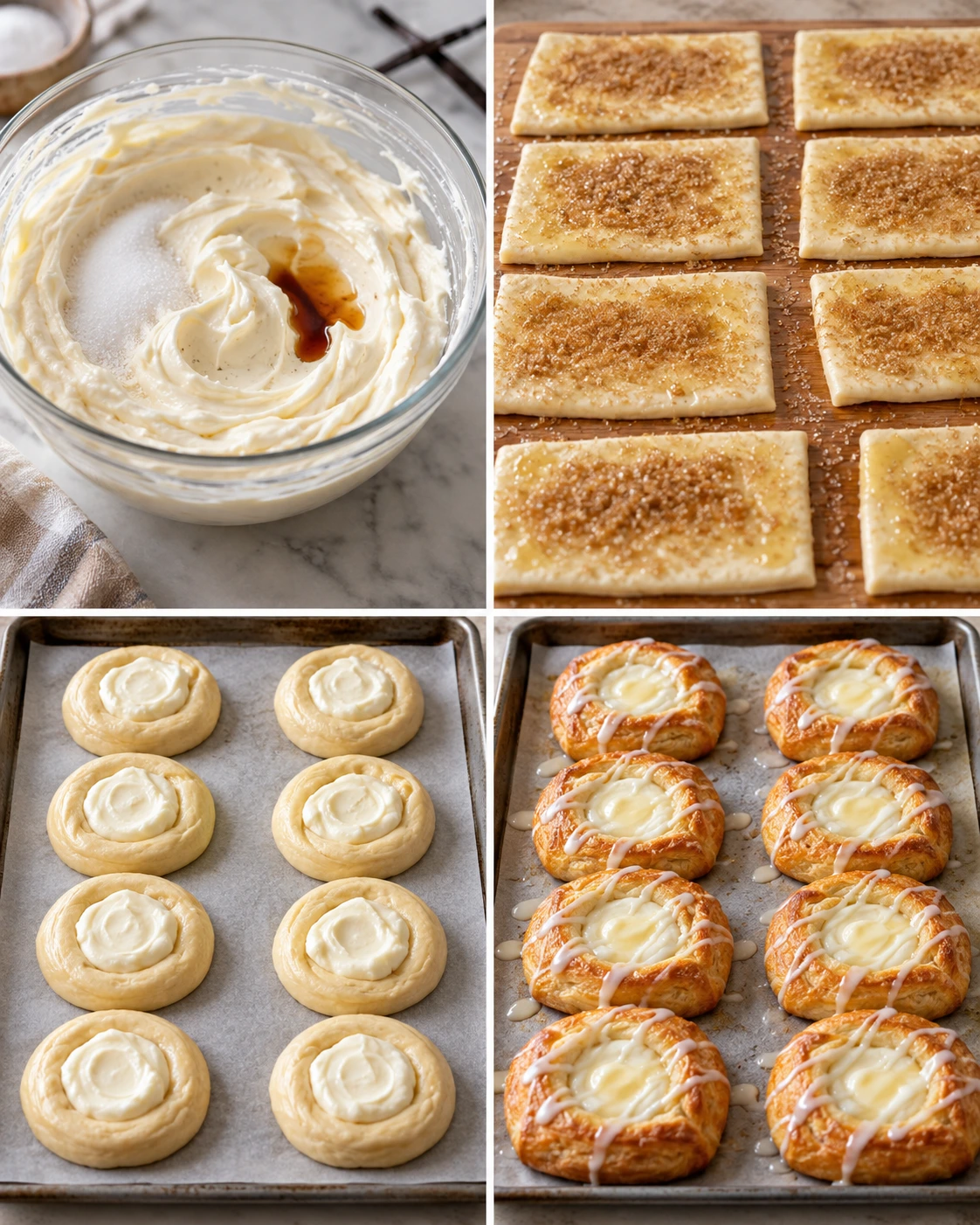 Four chronological preparation stages for Cheese Danishes