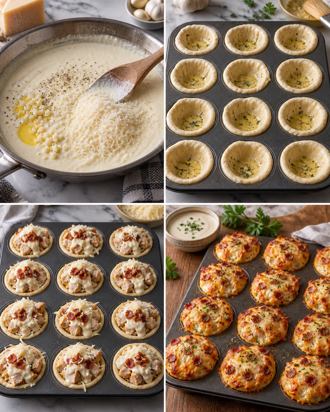 Four chronological preparation stages for Chicken Alfredo Little Caesars Crazy Puffs