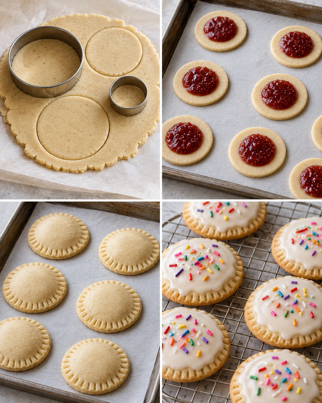 Four chronological preparation stages for Frosted Pop-Tart Cookies