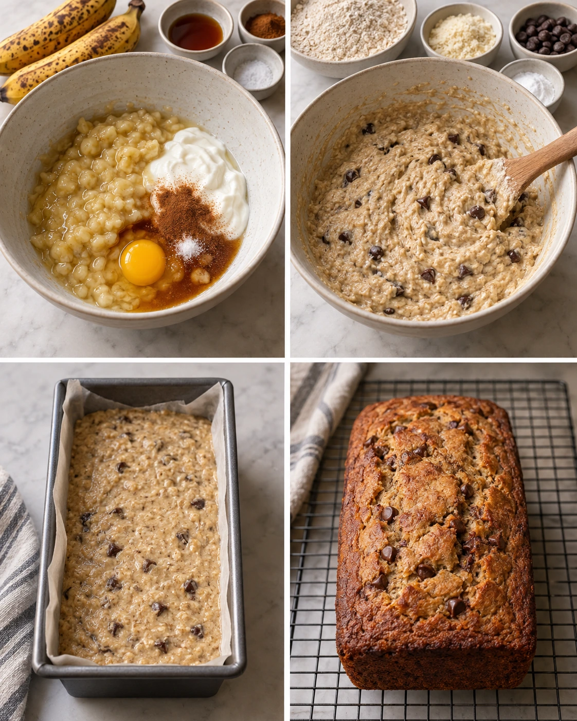 Four chronological preparation stages for Greek Yogurt Banana Bread