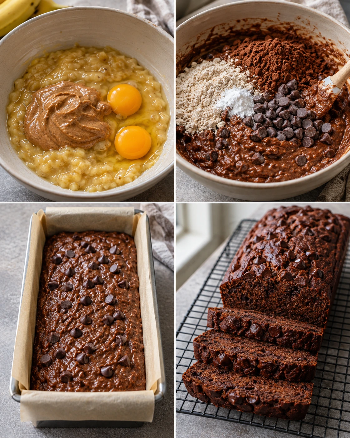 Four chronological preparation stages for Healthy Chocolate Banana Bread