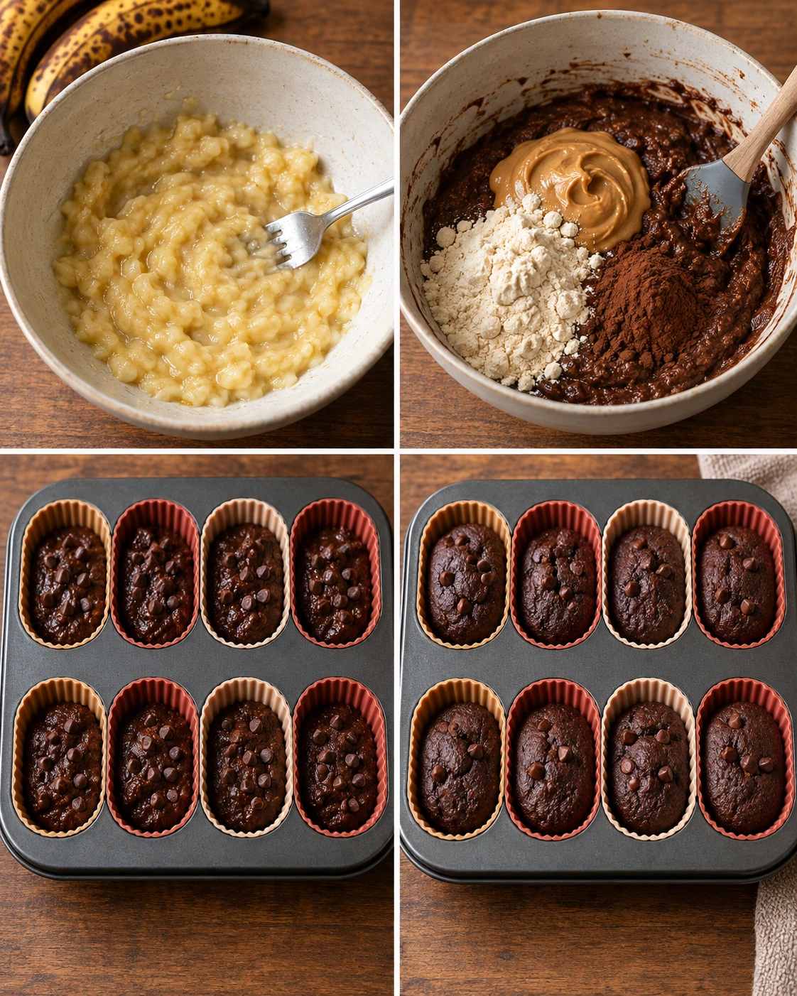 Four chronological preparation stages for Protein Brownie Bites