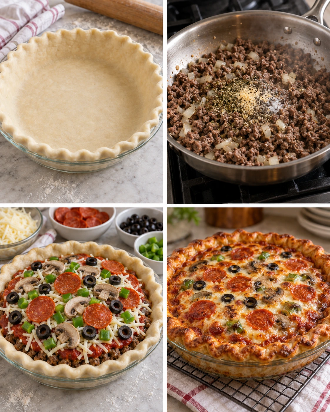 Four chronological preparation stages for The Pizza Burger Pie