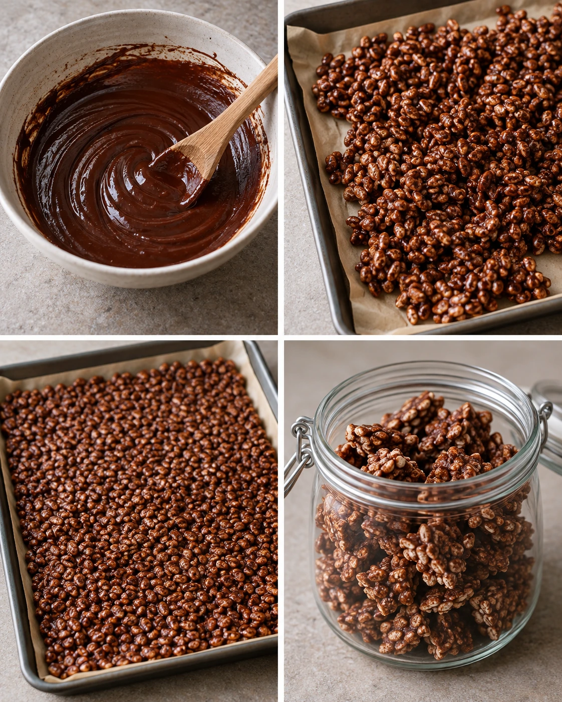 Four chronological preparation stages for Healthy Crispy Chocolate Puffed Rice Cereal