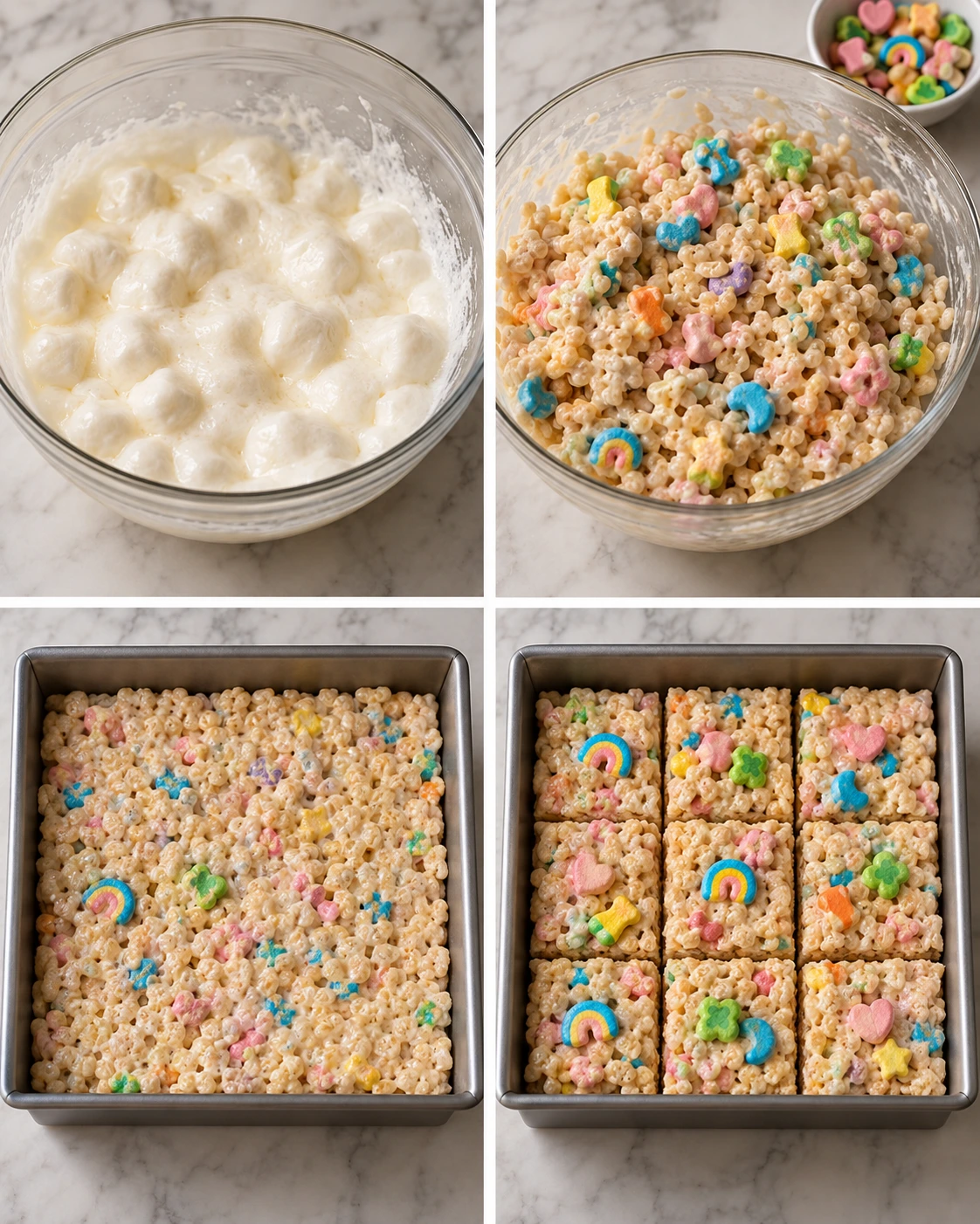 Four chronological preparation stages for Lucky Charms Rice Krispie Treats