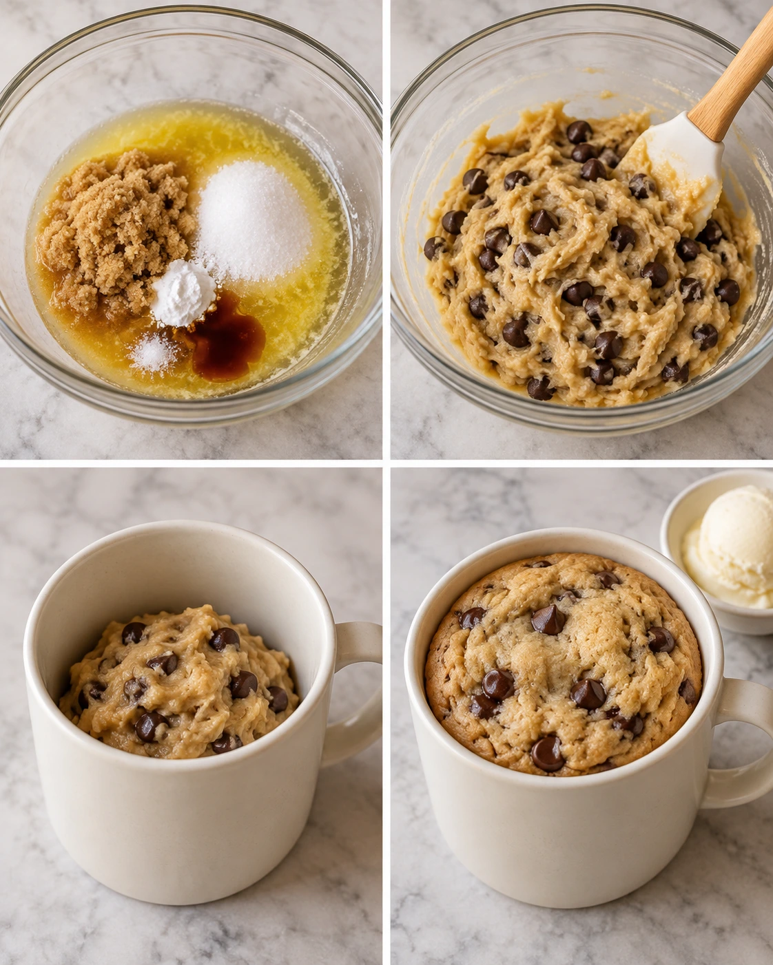 Four chronological preparation stages for Microwave Chocolate Chip Cookie