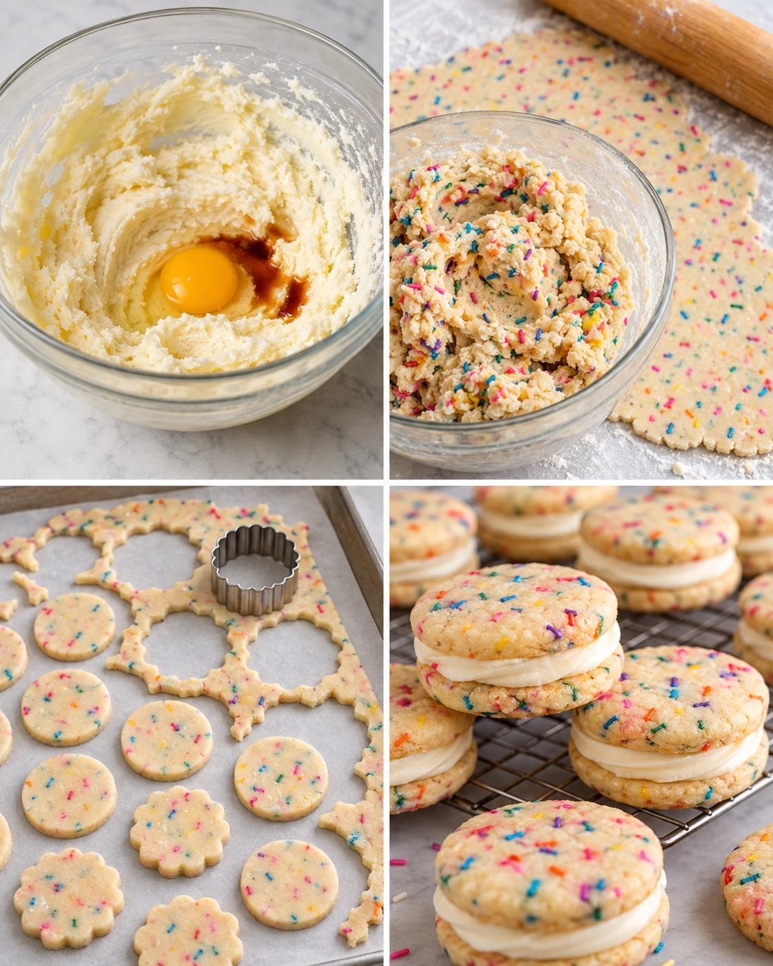 Four chronological preparation stages for Funfetti Sandwich Cookies