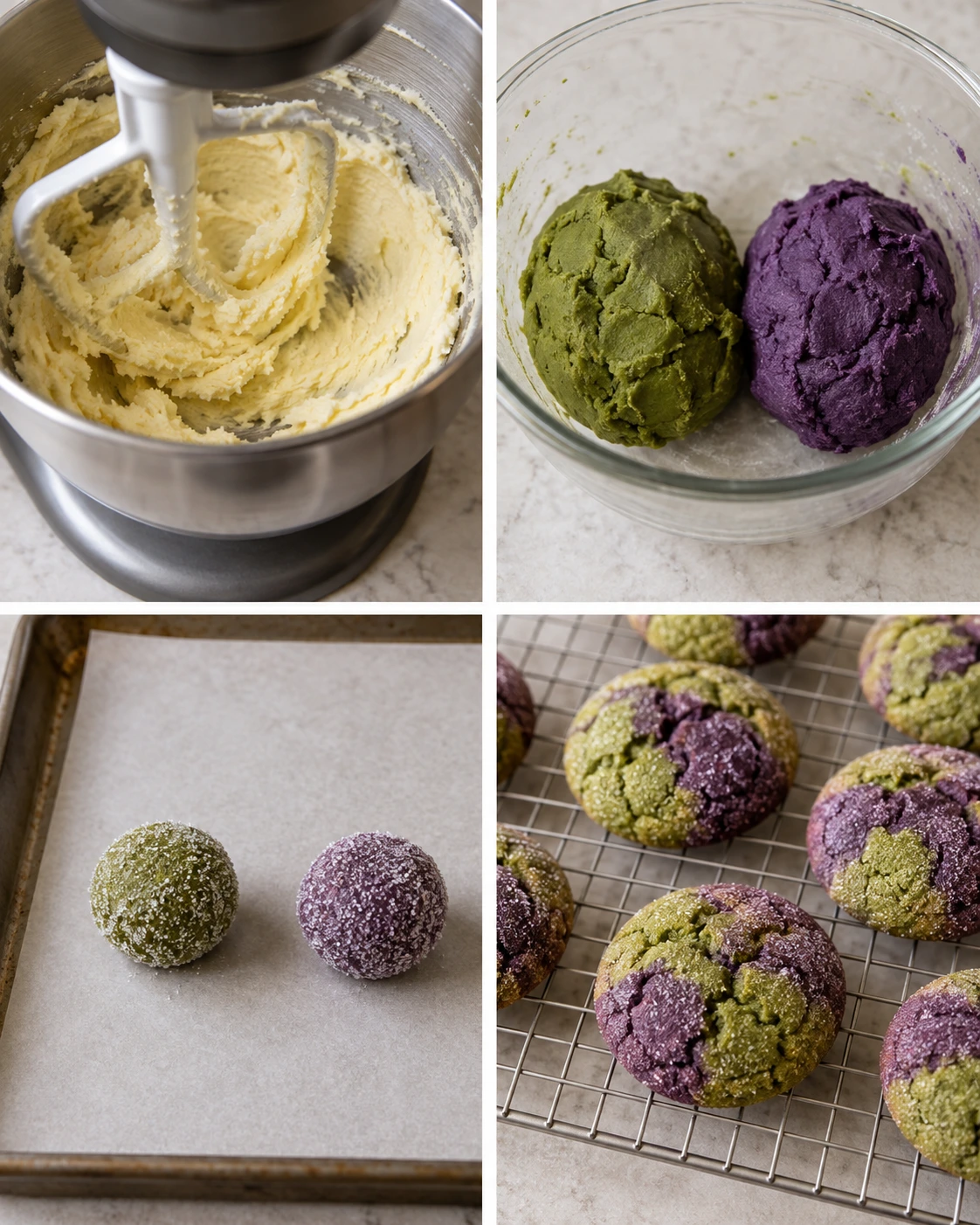 Four chronological preparation stages for Matcha Ube Cookies