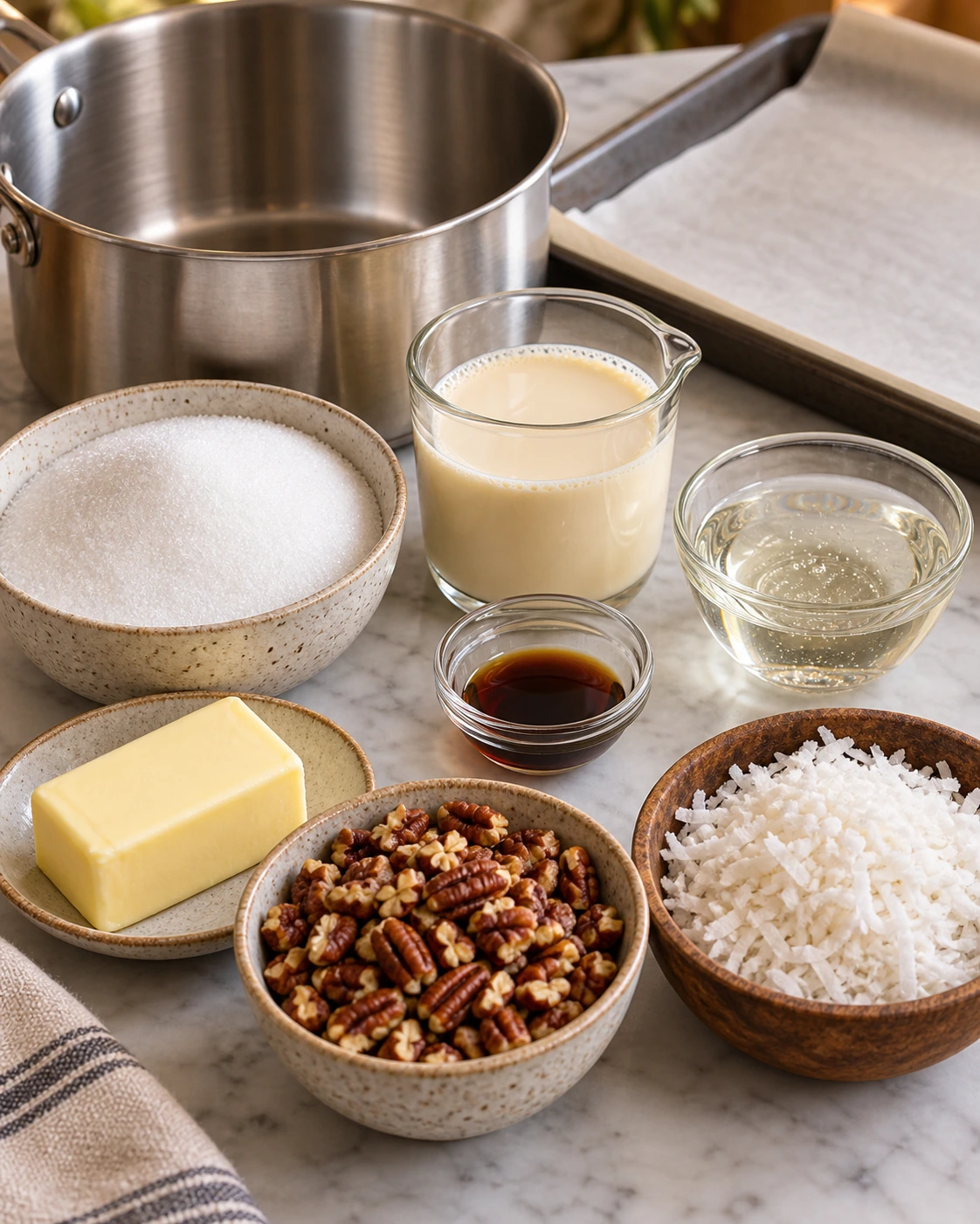 Exact measured ingredients for No Bake Pecan Coconut Praline Cookies