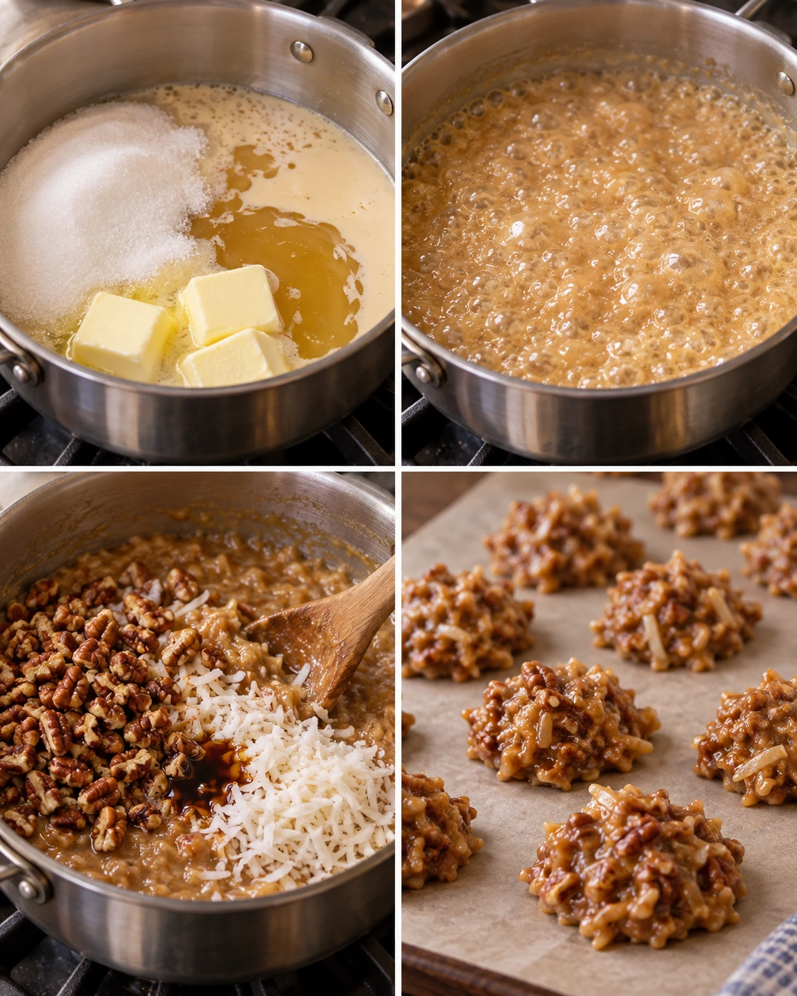 Four chronological preparation stages for No Bake Pecan Coconut Praline Cookies