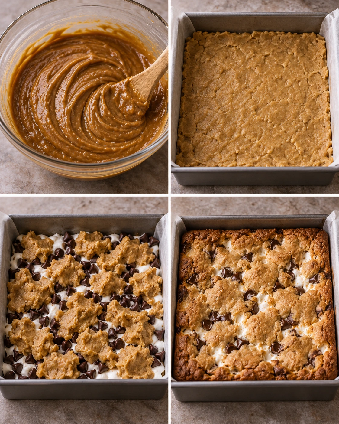 Four chronological preparation stages for Peanut Butter S'mores Blondies