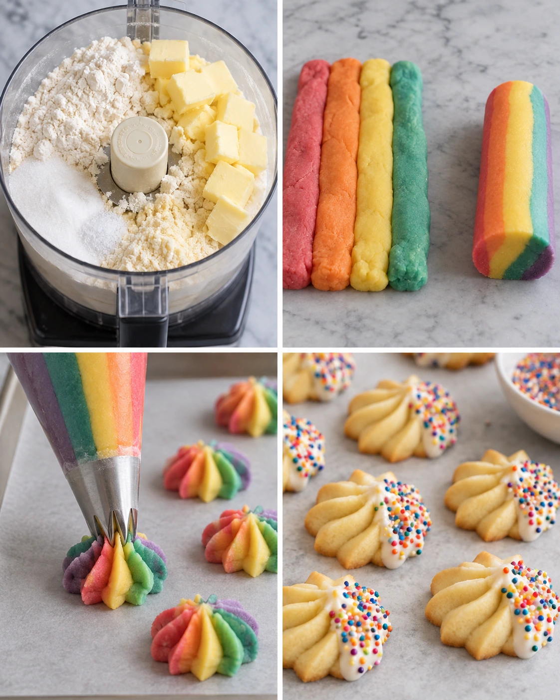 Four chronological preparation stages for Piped Rainbow Shortbread Cookies