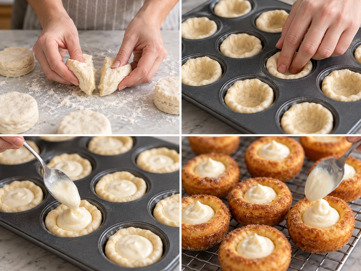 Four chronological preparation stages for Bailey's Cheesecake Doughnuts