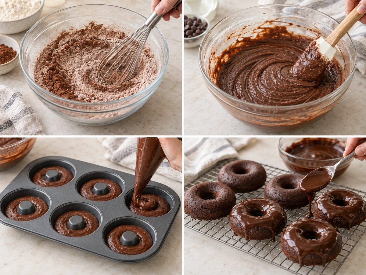 Four chronological preparation stages for Chocolate Baked Donuts