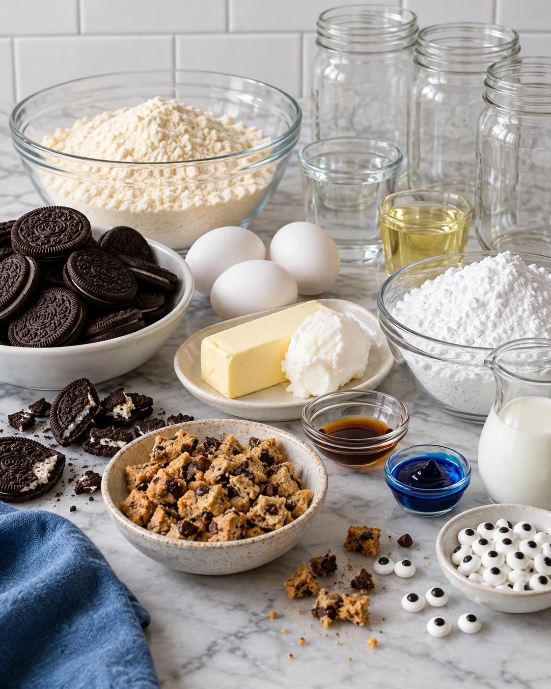 Exact measured ingredients for Cookie Monster Cake Jars