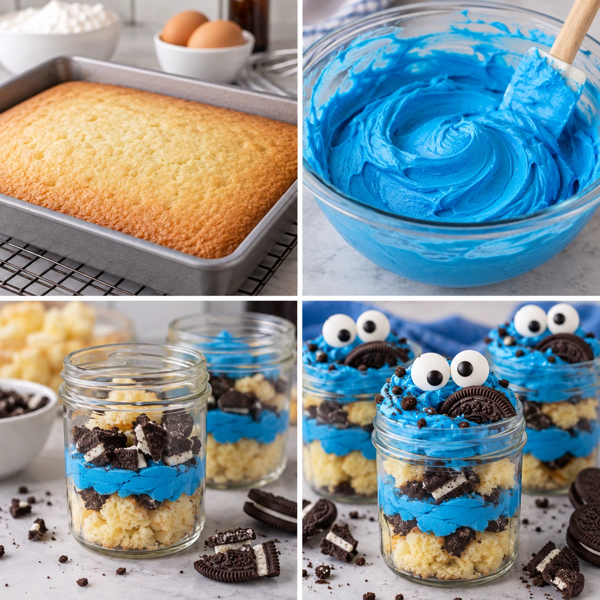 Four chronological preparation stages for Cookie Monster Cake Jars