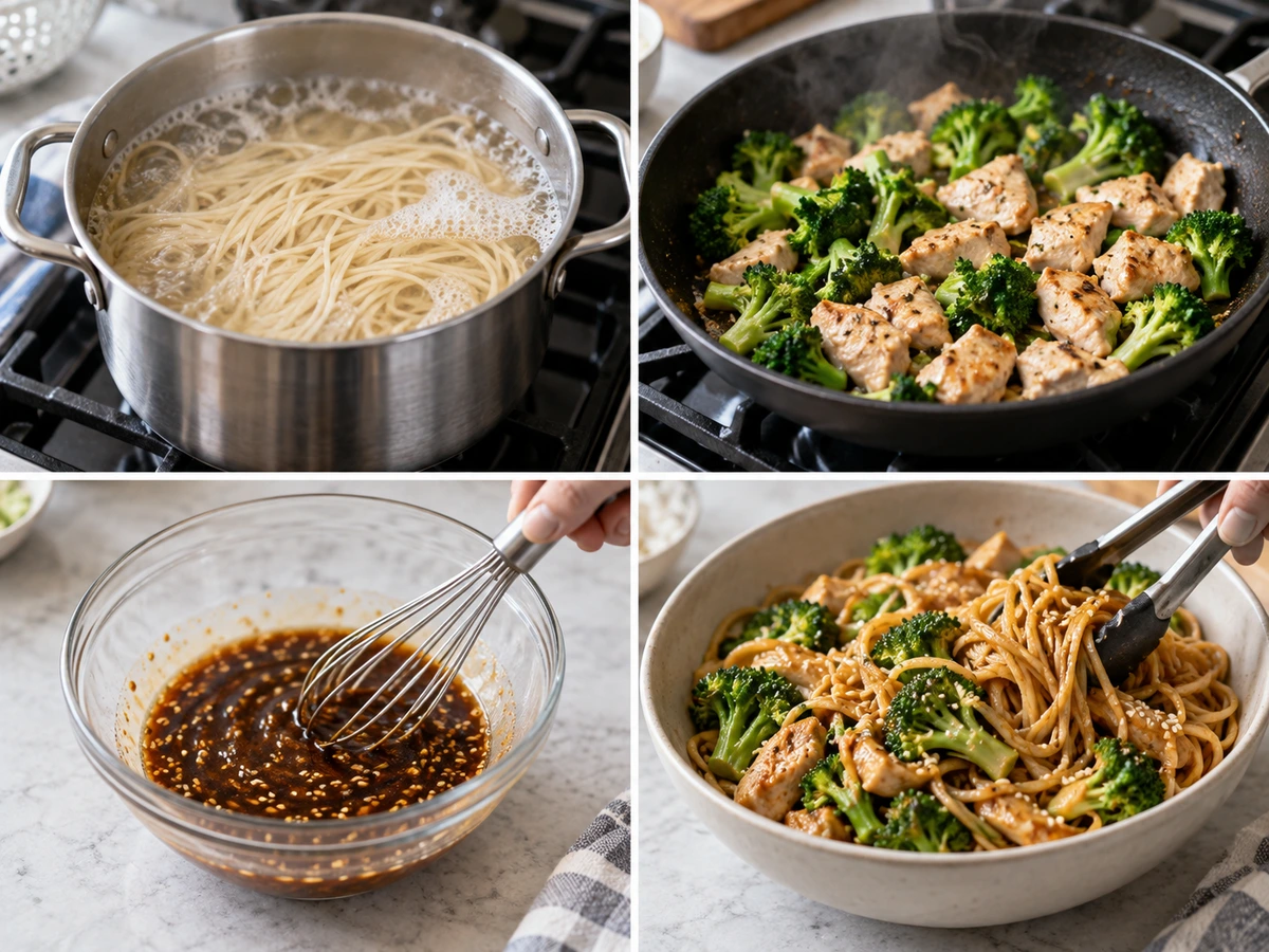 Four chronological preparation stages for Healthy Sesame Noodles with Chicken and Broccoli