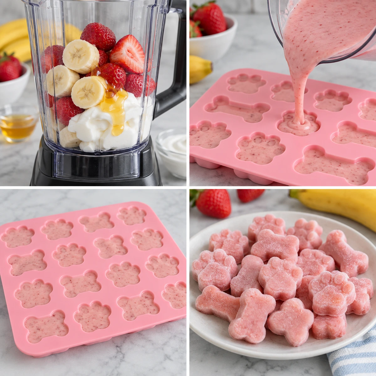 Four chronological preparation stages for Strawberry and Banana Smoothie Bites for Dogs