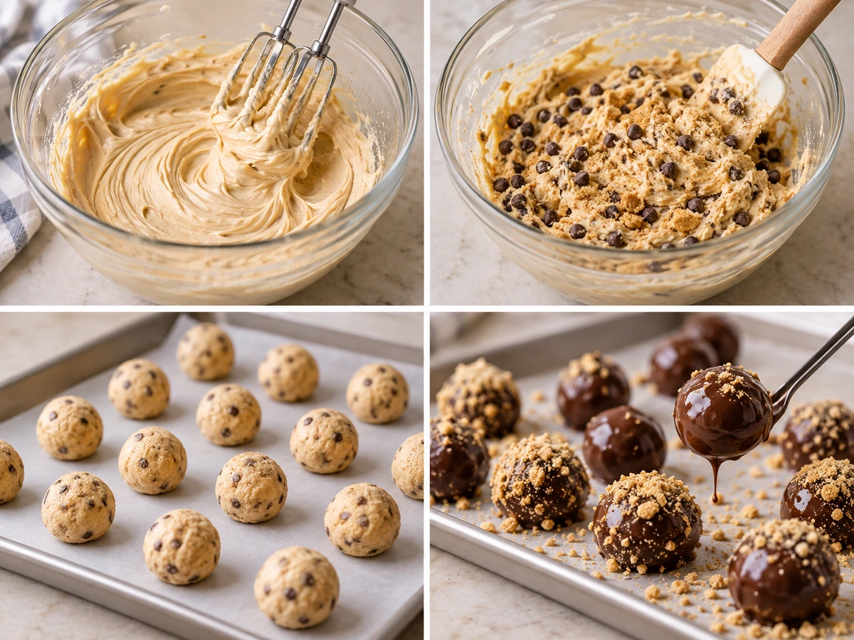 Four chronological preparation stages for No-Bake Peanut Butter Cheesecake Balls