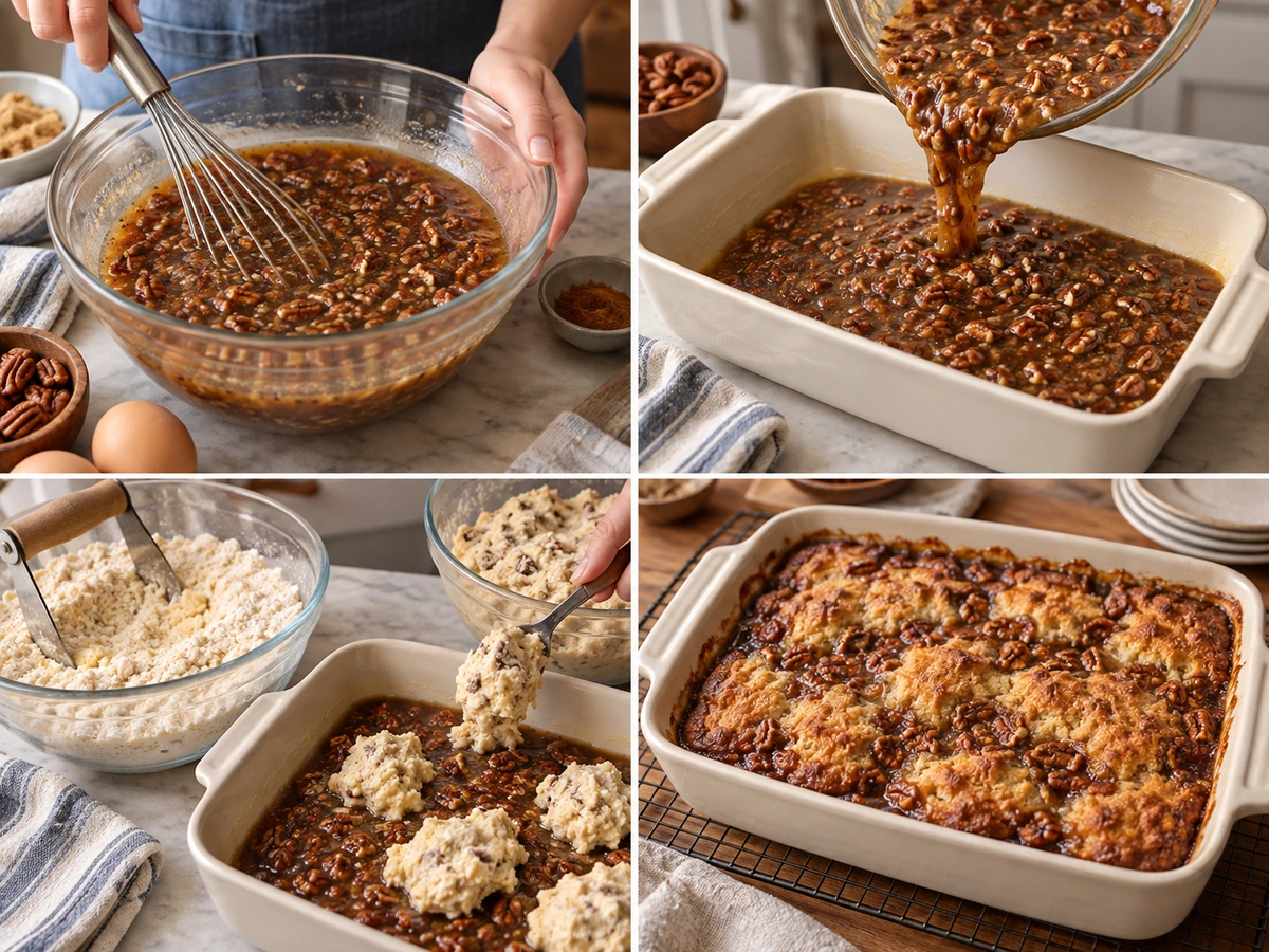 Four chronological preparation stages for Pecan Pie Cobbler