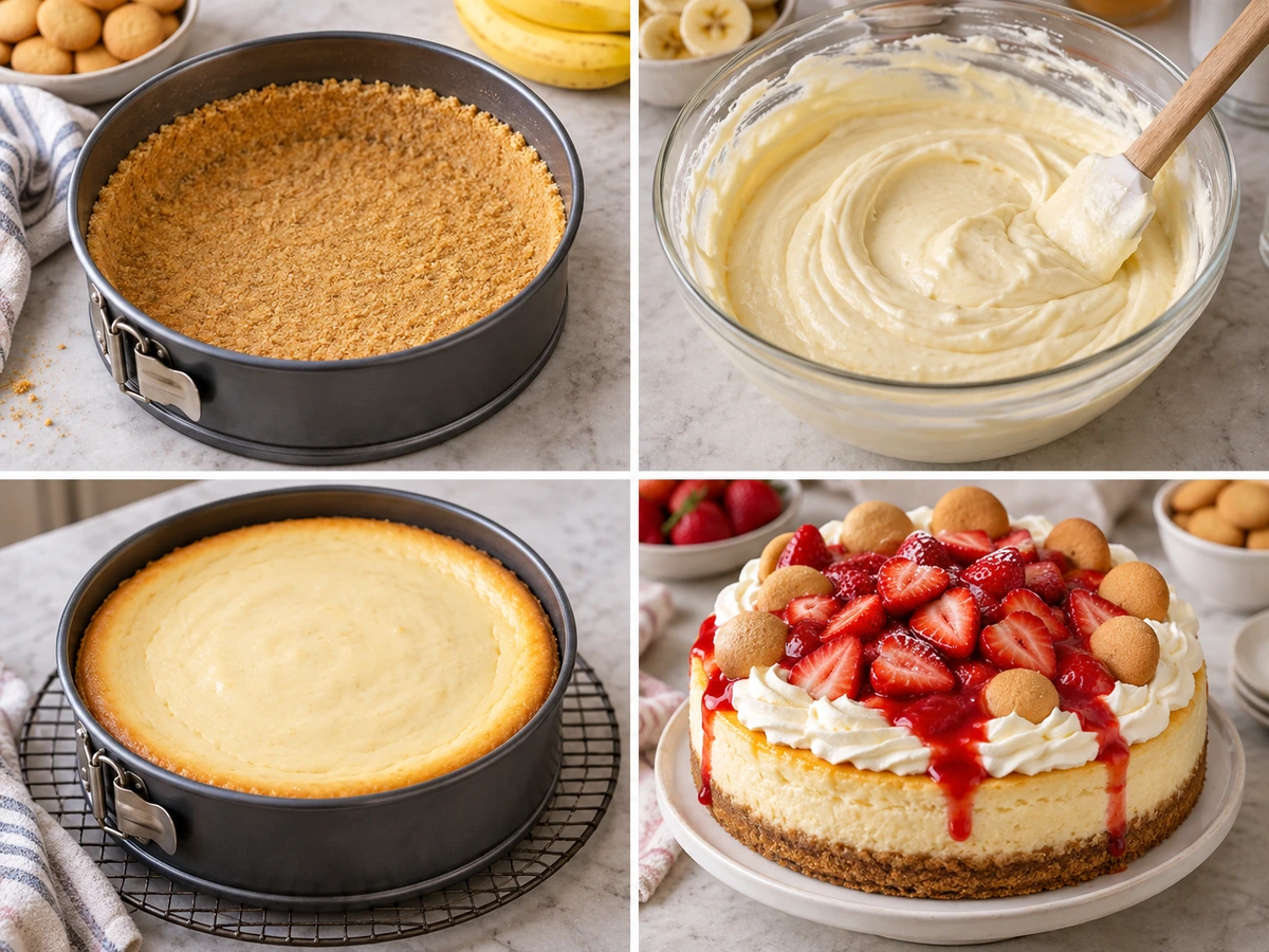 Four chronological preparation stages for Strawberry Banana Pudding Cheesecake