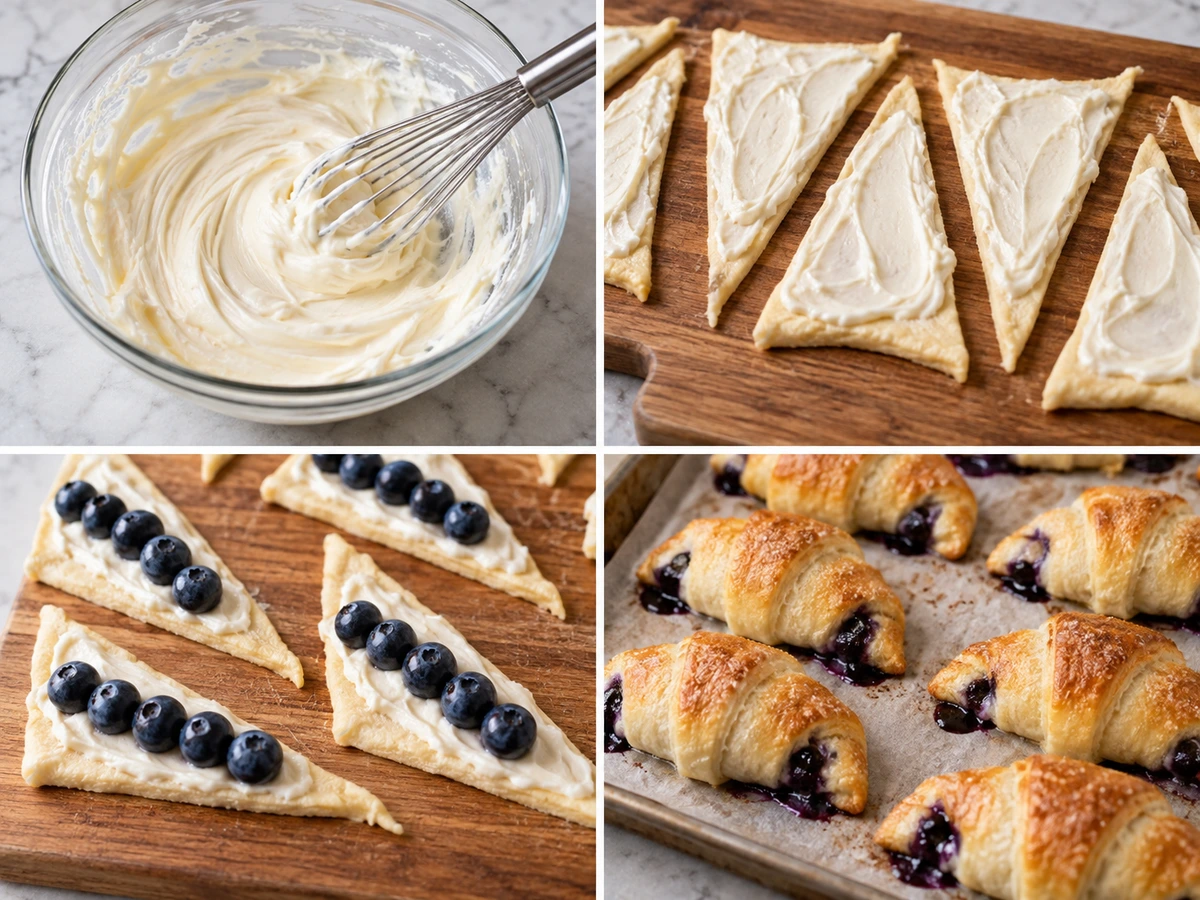 Four chronological preparation stages for Blueberry Cheesecake Rolls
