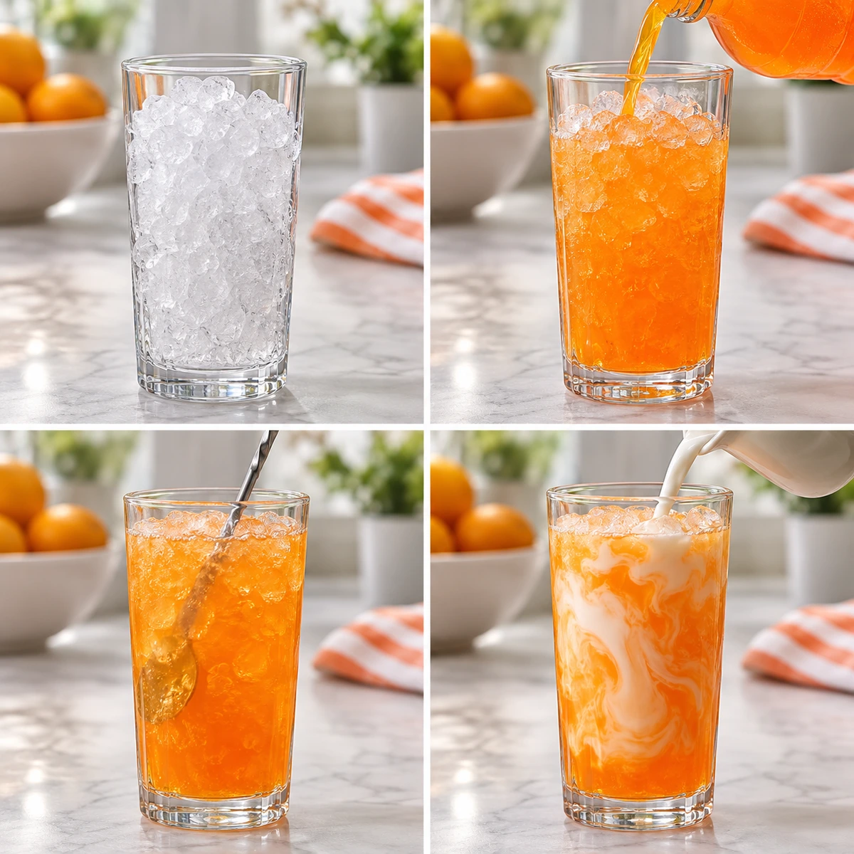 Four chronological preparation stages for Creamsicle Dirty Soda