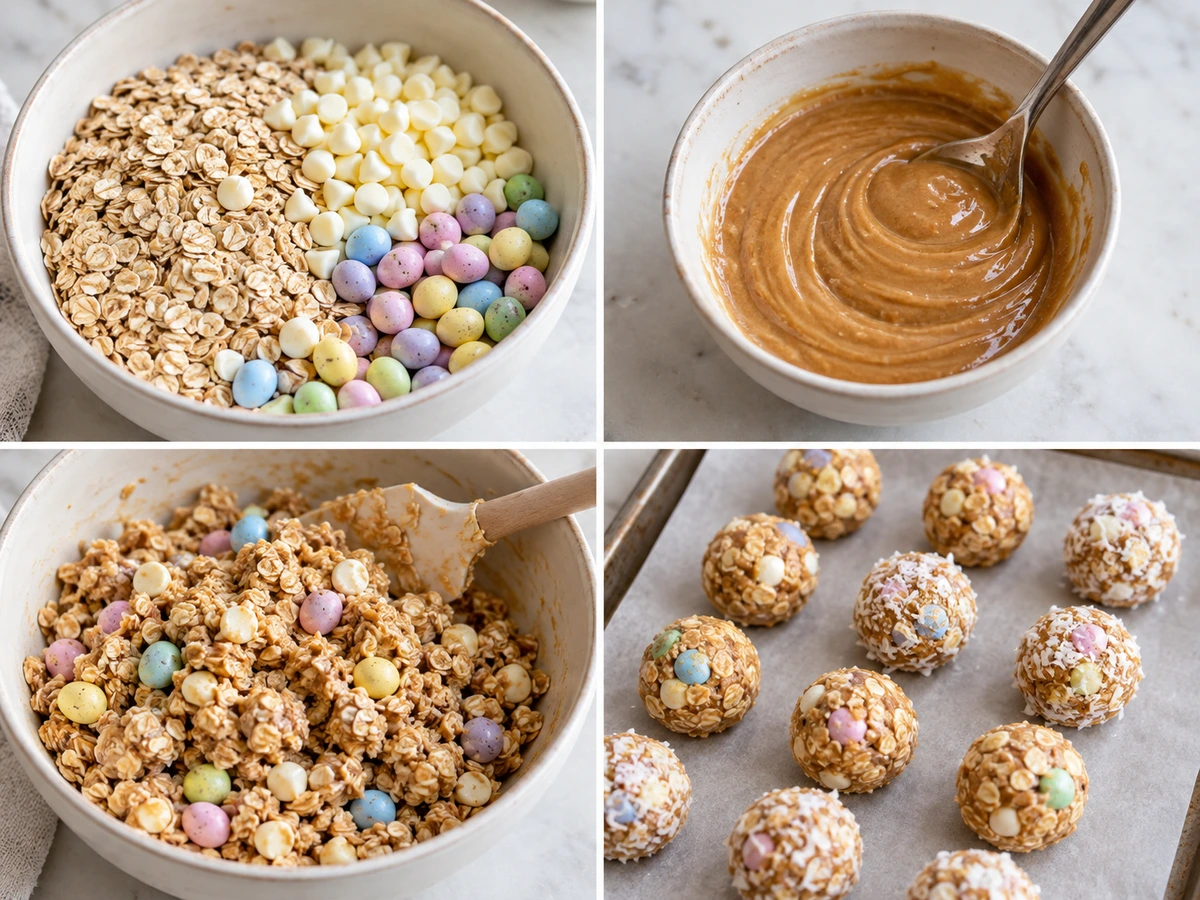 Four chronological preparation stages for Easter Egg Cookie Dough Bites