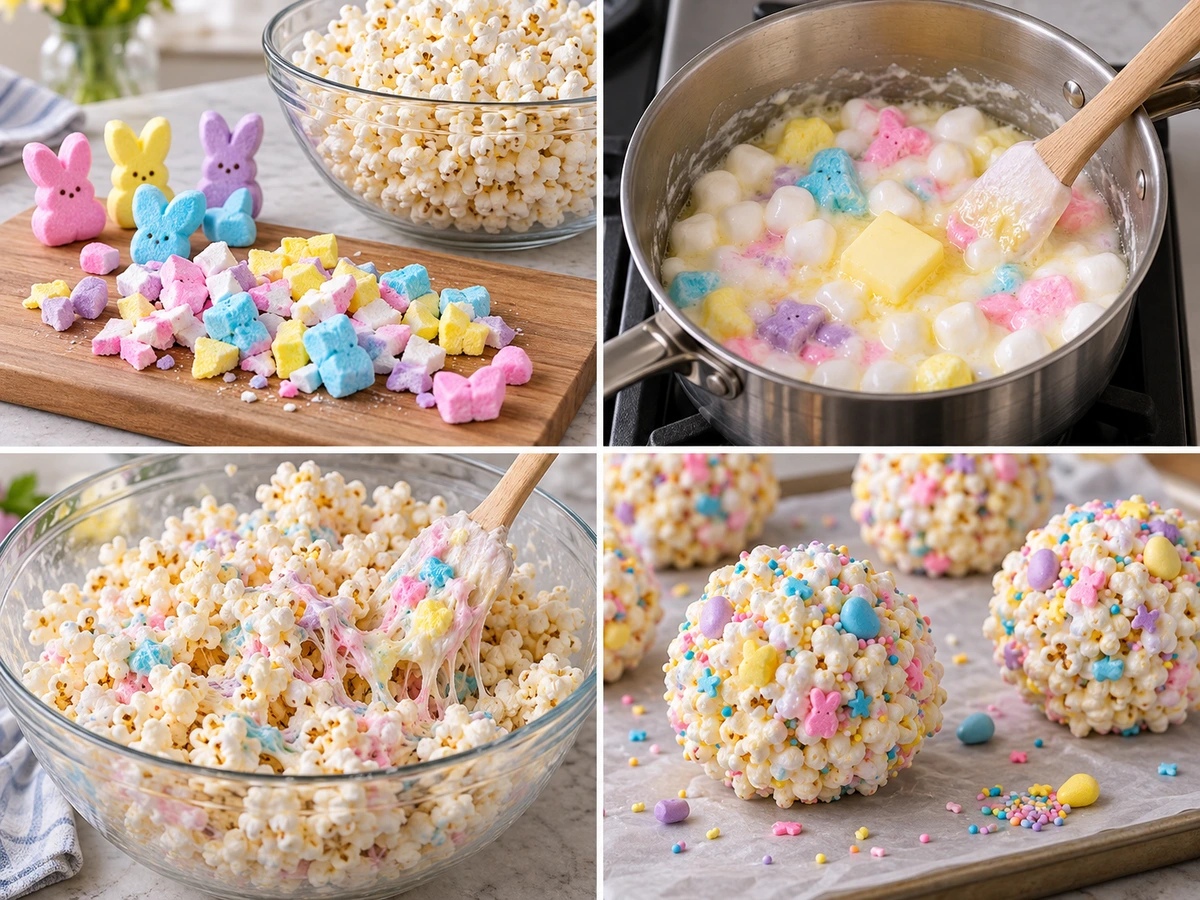 Four chronological preparation stages for Easter Popcorn Balls