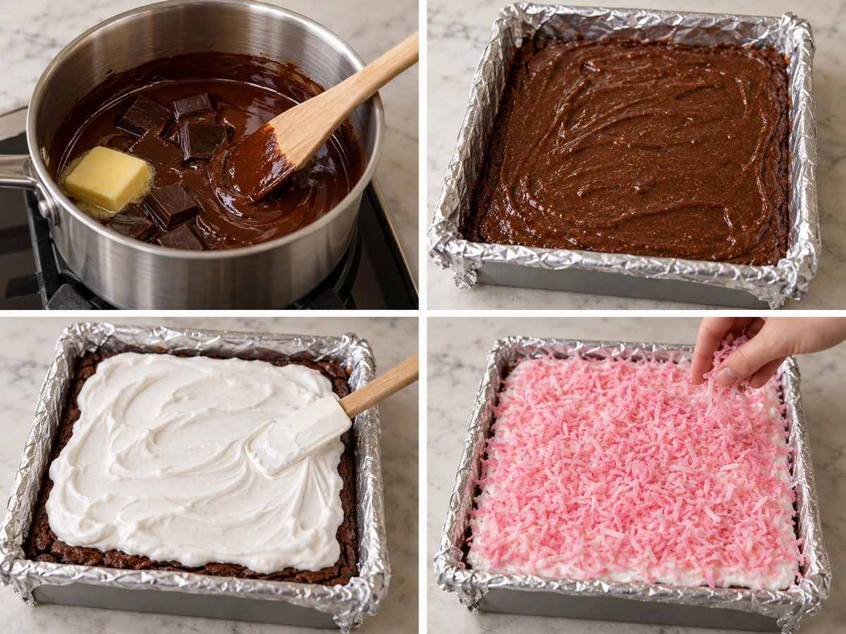 Four chronological preparation stages for Sno Ball Brownies