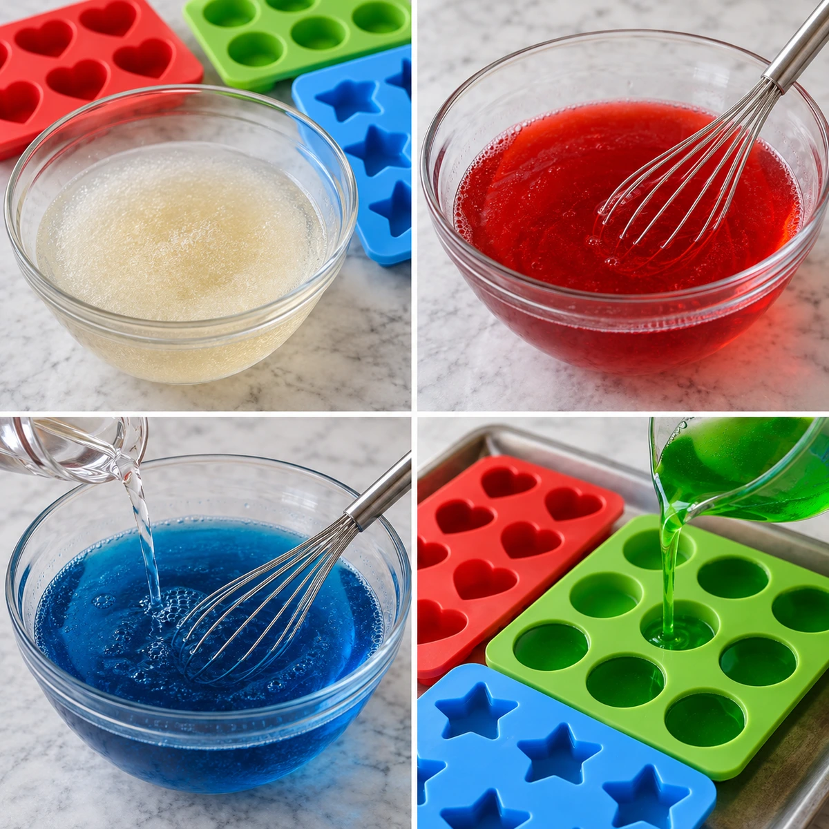 Four chronological preparation stages for Boozy Jello Candy Melts
