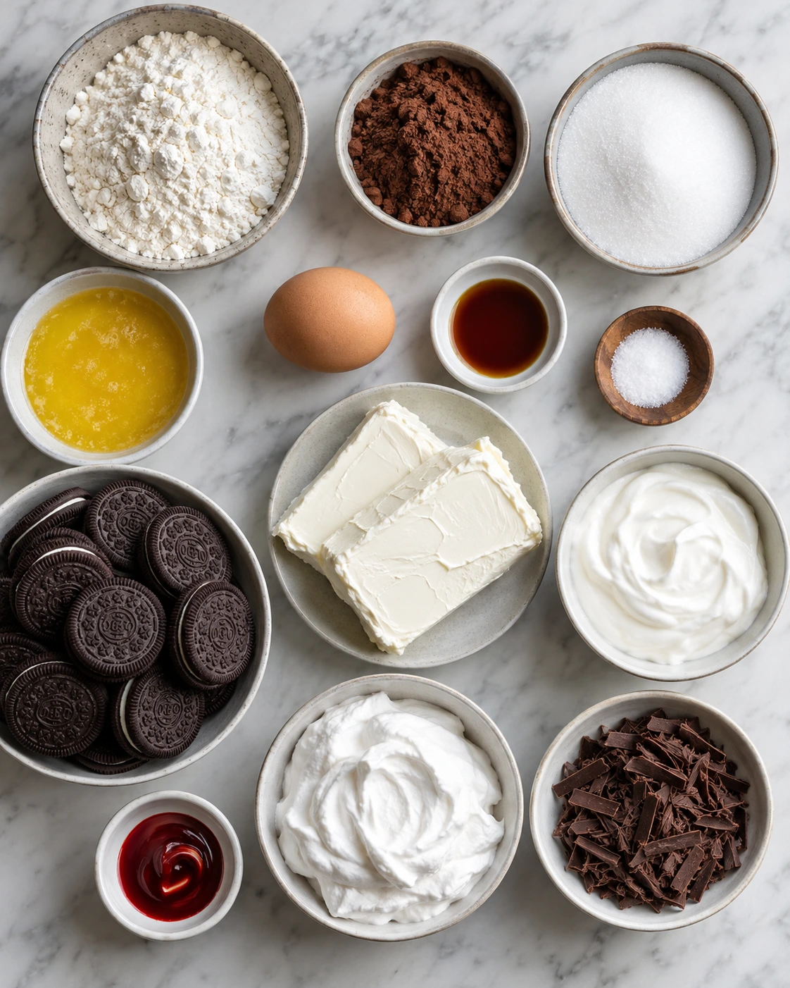 Exact measured ingredients for Mini Red Velvet Oreo Cheesecakes