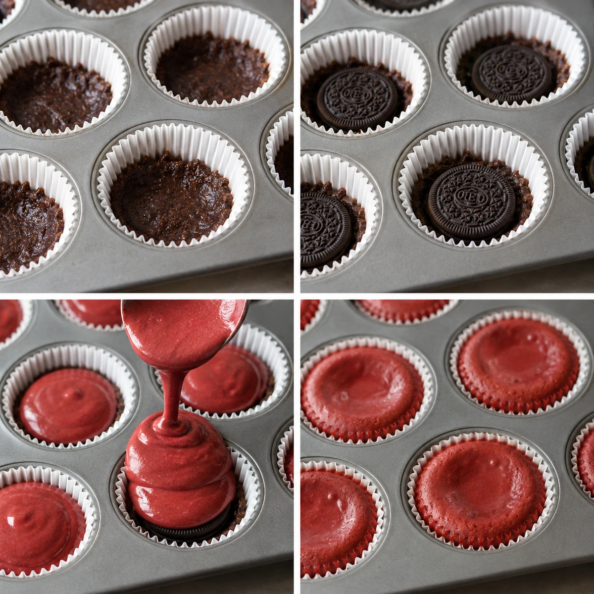 Four chronological preparation stages for Mini Red Velvet Oreo Cheesecakes
