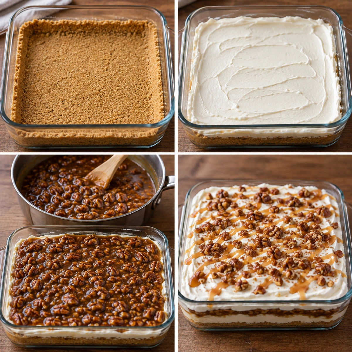 Four chronological preparation stages for Pecan Pie Lasagna