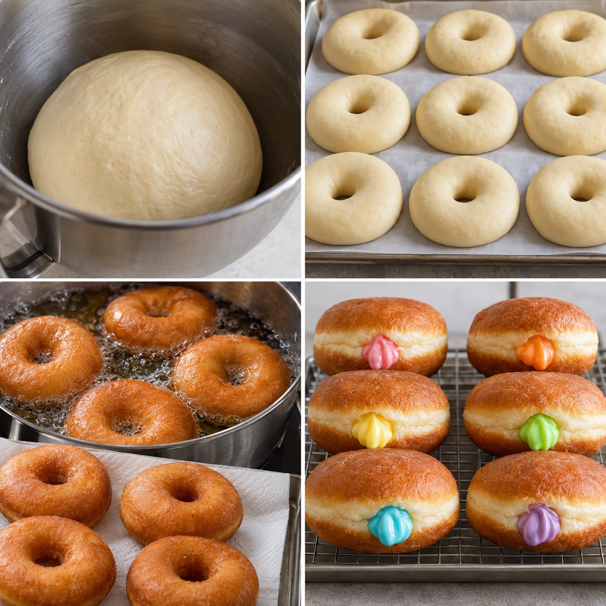 Four chronological preparation stages for Rainbow-Filled Doughnuts
