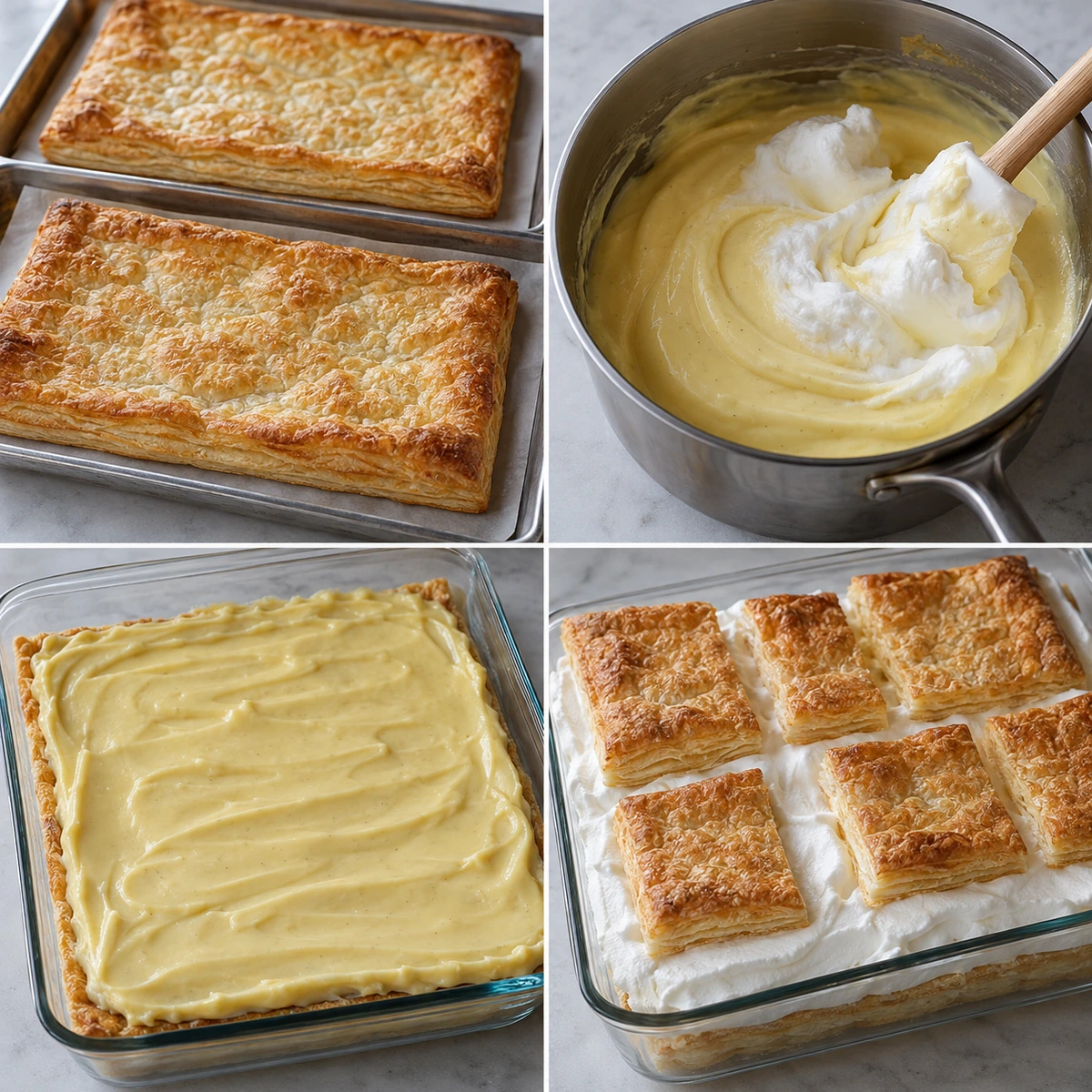 Four chronological preparation stages for Vanilla Custard Cream Squares