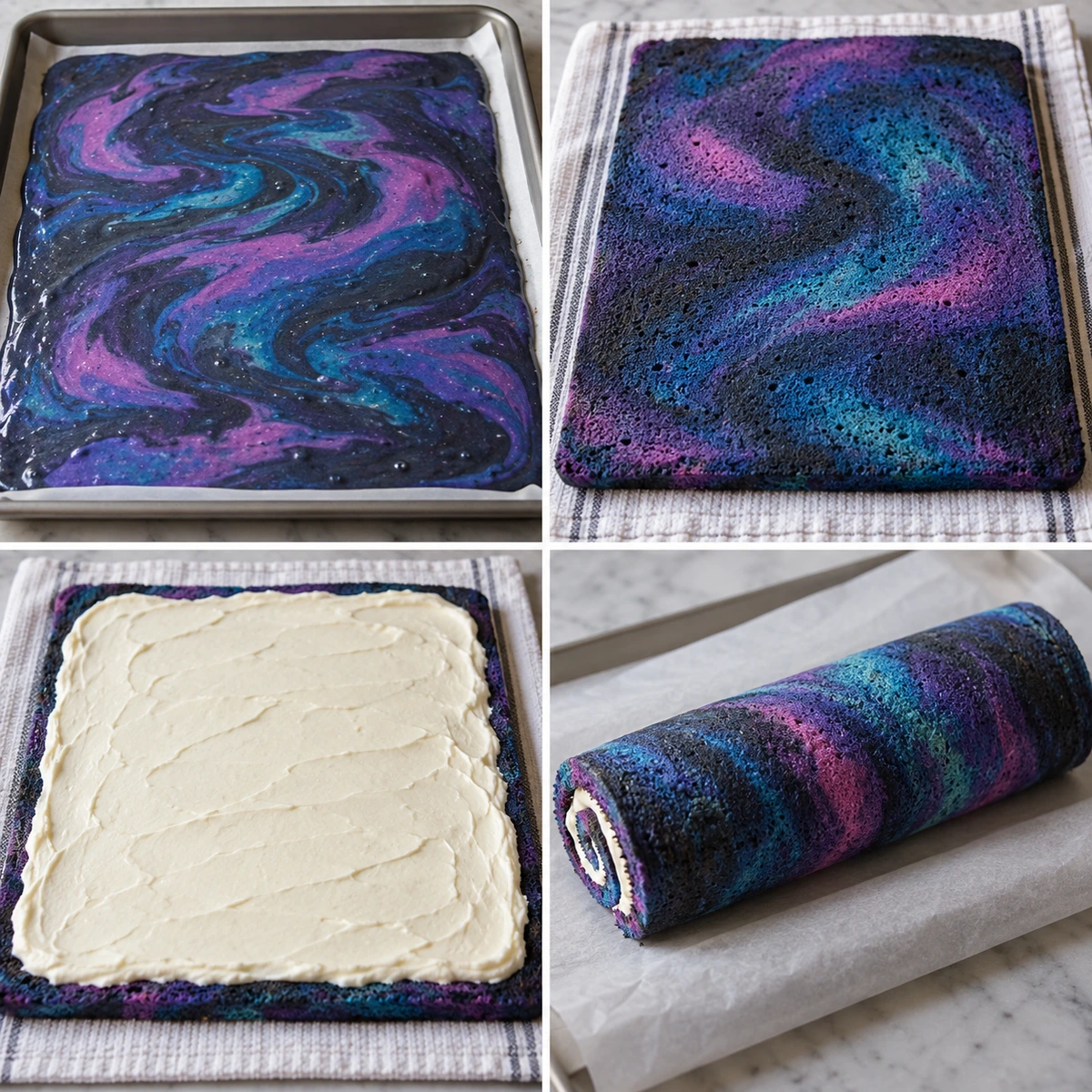 Four chronological preparation stages for Galaxy Cake Roll
